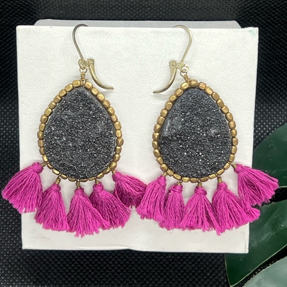 Panacea Black Drusy Geode purple tassel dropearrings - Picture 5 of 8